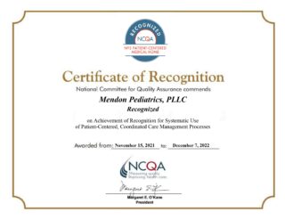 Mendon Peds PCMH 2021 Cert of Recognition